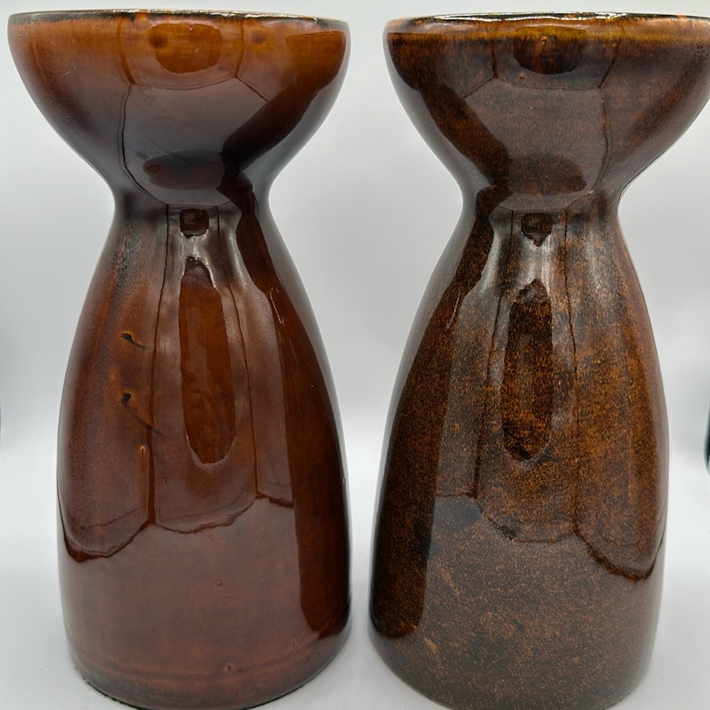 Brown glazed Mid-Century Modern tall ceramic candle holder set